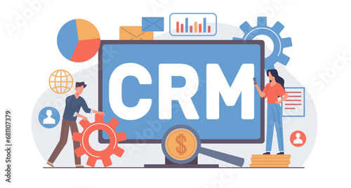 CRM Concept. Customer relationship management. Service and relationship marketing strategy. Tiny people and computer screen, e-commerce application. Vector cartoon flat isolated illustration