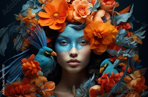 fashion portrait of young beautiful woman  orange and blue flower and petal  creative beauty makeup and hairstyle concept