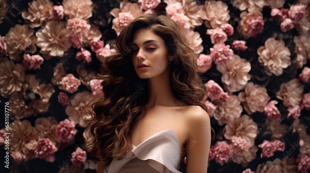 portrait of beautiful young woman with pink sore flowers, beauty and fashion concept, skin and hair care portrait of beautiful young woman with pink sore flowers, beauty and fashion concept, skin and hair care