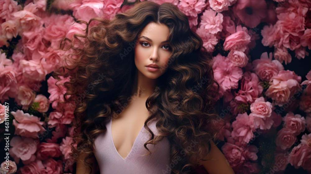portrait of beautiful young woman with pink sore flowers, beauty and fashion concept, skin and hair care portrait of beautiful young woman with pink sore flowers, beauty and fashion concept, skin and hair care