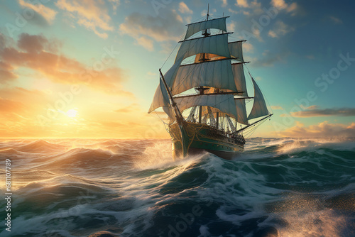 Historisches Segelschiff mit gesetzten Segeln im Sturm. Piratenschiff © paganin