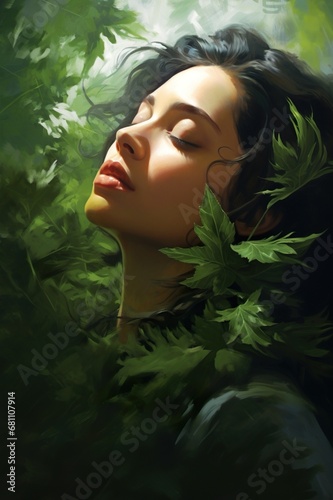beautiful young woman portrait with green tropical leaf,  harmony of human and nature, natural beauty concept