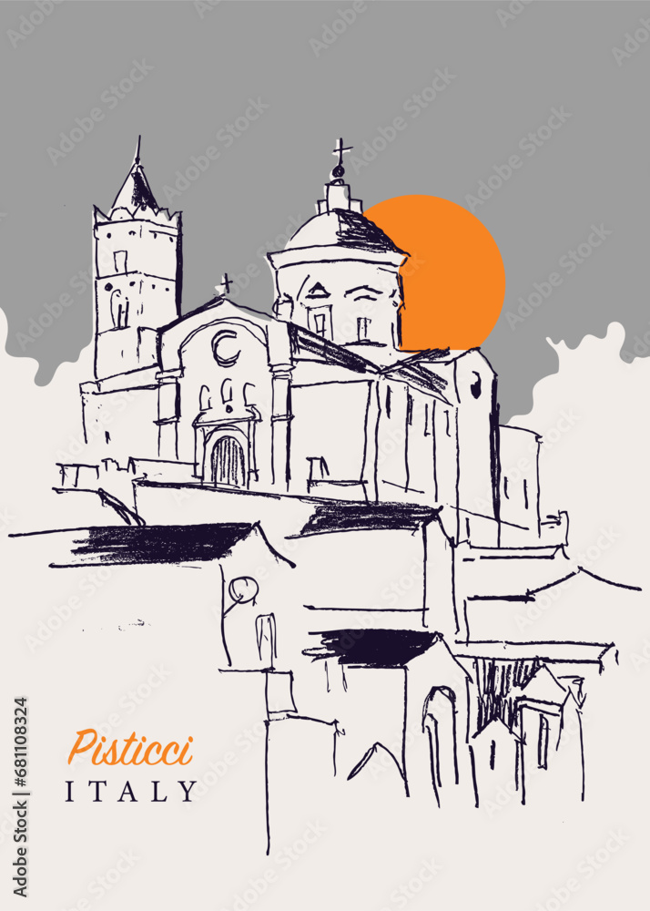 Drawing sketch illustration of Pisticci, Italy