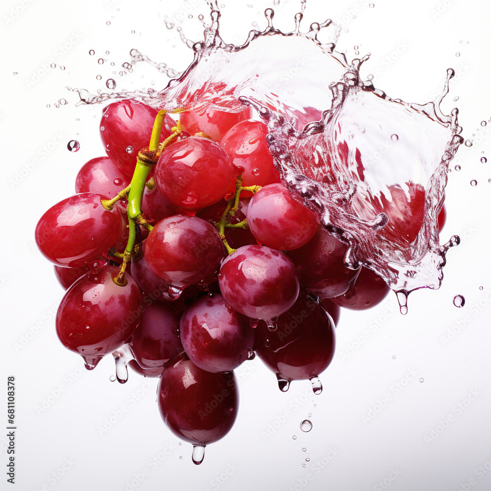 Red grapes in water splash on white background