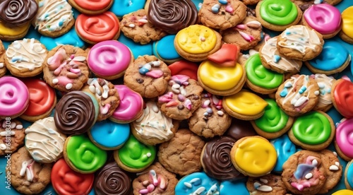 delicious sweets on abstract background, sweets, chocoltae, donuts, sweet colored biscuits
