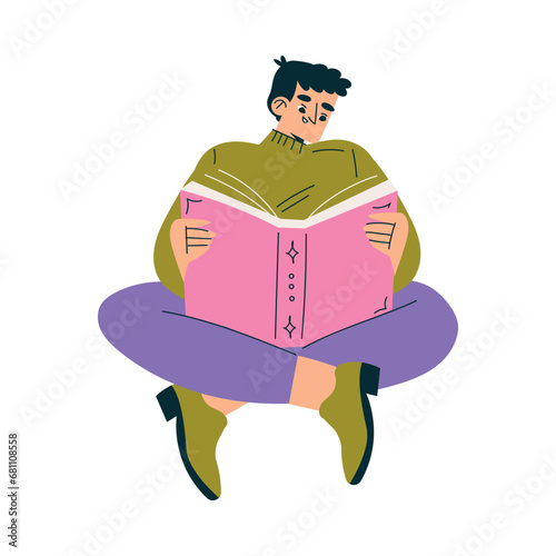 Education with Man Character Sit and Read Book Learning and Study Vector Illustration