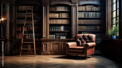 a library with a wooden floor and dark wood bookshelves and a cozy armchair