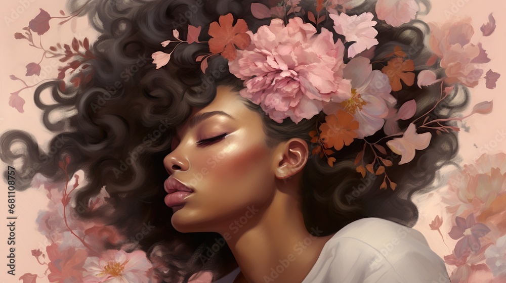 beautiful black african woman with pink blooming flowers portrait, young glamour and luxury female with stylish hair, makeup and beauty concept