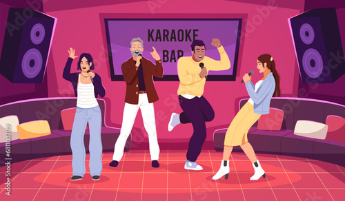 Happy people in karaoke club. Group of friends sing into microphones, vocal battle in bar, amateurs singers music party, entertainment show, cartoon flat isolated, tidy vector concept