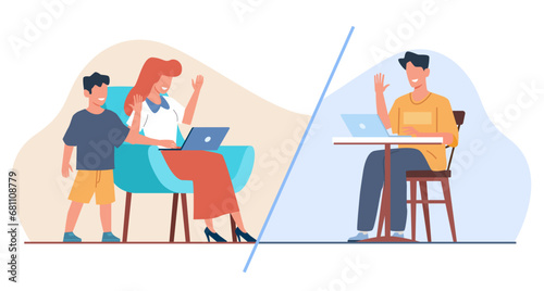 Husband communicates remotely with family using internet communication. Mother and son at home with laptop. Father sitting at desk in office. Online talking. Cartoon flat vector concept