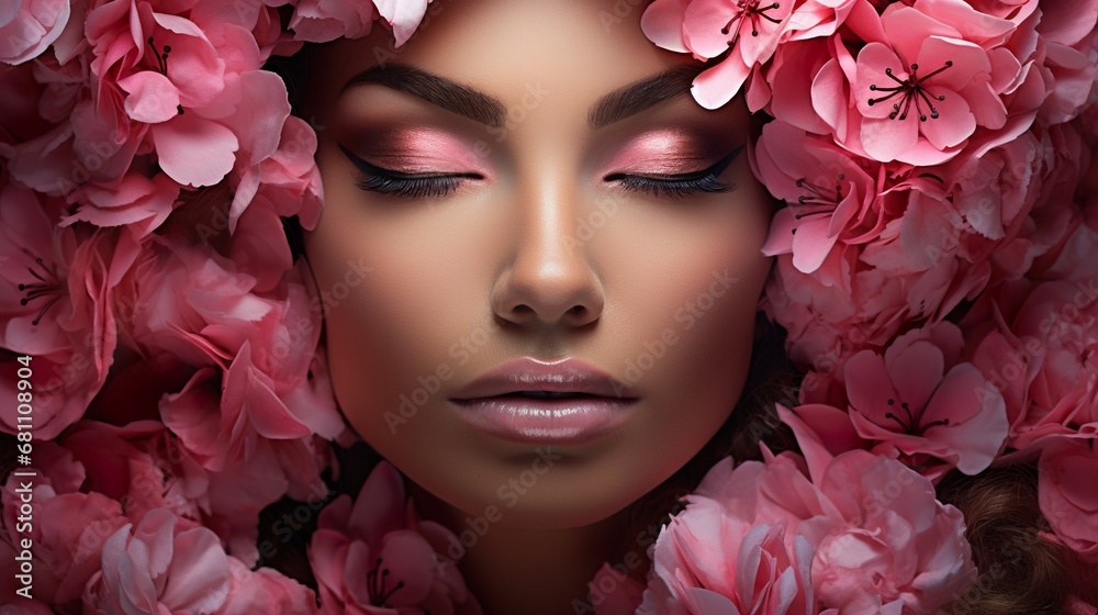 beautiful woman with pink flowers portrait, young glamour and luxury female with perfect skin, makeup and beauty concept
