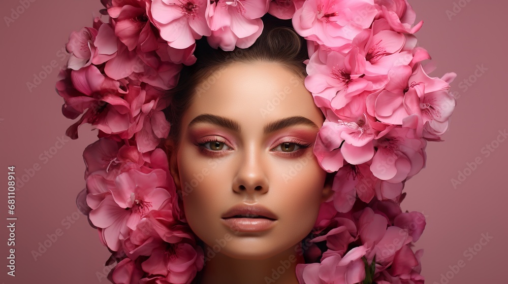 beautiful woman with pink flowers portrait, young glamour and luxury female with perfect skin, makeup and beauty concept