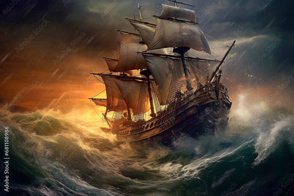Obraz premium Historisches Segelschiff mit gesetzten Segeln im Sturm. Piratenschiff