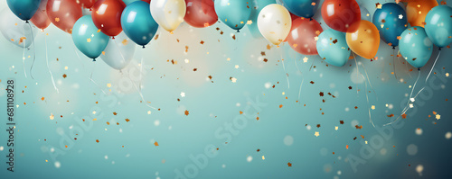 Birthday card or invitation design with balloons, confetti, and birthday background, photo