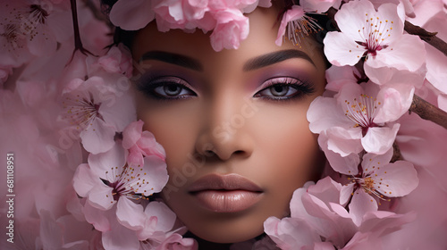 beautiful woman with pink flowers portrait  young glamour and luxury female with perfect skin  makeup and beauty concept