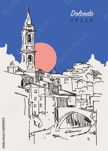 Drawing sketch illustration of Dolcedo, Italy