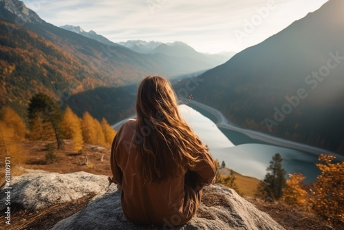 Beautiful girl looks at the scenery on the lake