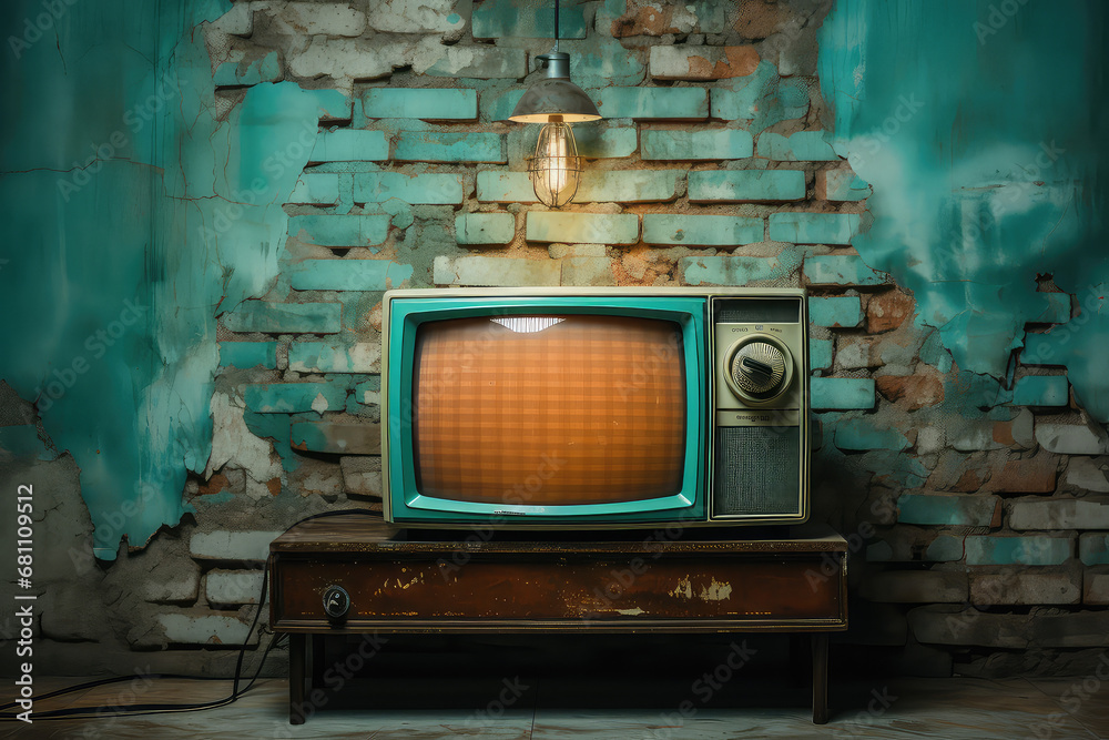 Fototapeta premium stary telewizor z kineskopem ii szklanym ekranem na starej szawce przed starą ścianą z cegły i z obdartym tynkiem z prl u prlu prl-u