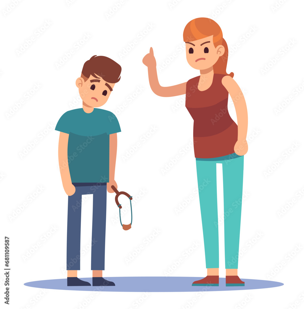 Mother scolds her child for misbehaving. Schoolboy bad behavior. Angry mom screams and punishes teenager son. Kids and parents conflict relationships cartoon flat isolated vector concept