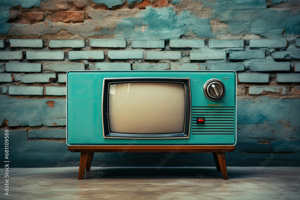 Fototapeta premium stary telewizor z kineskopem ii szklanym ekranem na starej szawce przed starą ścianą z cegły i z obdartym tynkiem z prl u prlu prl-u
