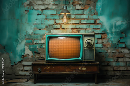 stary telewizor z kineskopem ii szklanym ekranem na starej szawce przed starą ścianą z cegły i z obdartym tynkiem z prl u prlu prl-u photo