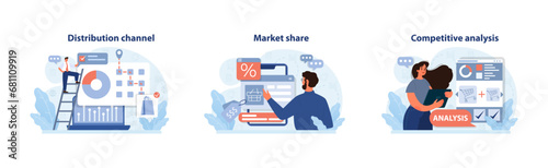 Business strategy set. Optimizing distribution channels, gauging market share, and conducting competitive analysis. Decision-making, growth, insights. Flat vector illustration