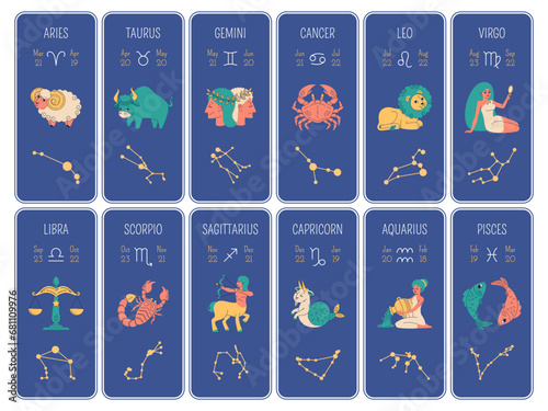 Zodiac signs cards. Horoscope symbols vertical banners, astrological icons, constellations by month, aquarius, pisces and aries, taurus, gemini and cancer, cute cartoon vector set