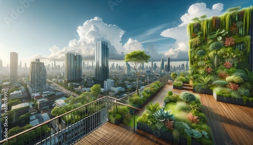 A lush rooftop garden on a high-rise building, with a view of the city skyline, showcasing urban greenery in a photorealistic style. © Amil