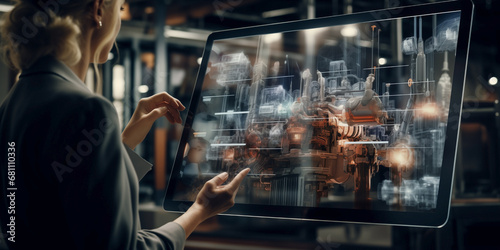 Interactive hologram: Person in an immersive augmented reality experience. Concept of futuristic technology integrated into global business networks. Woman working on an industrial design.