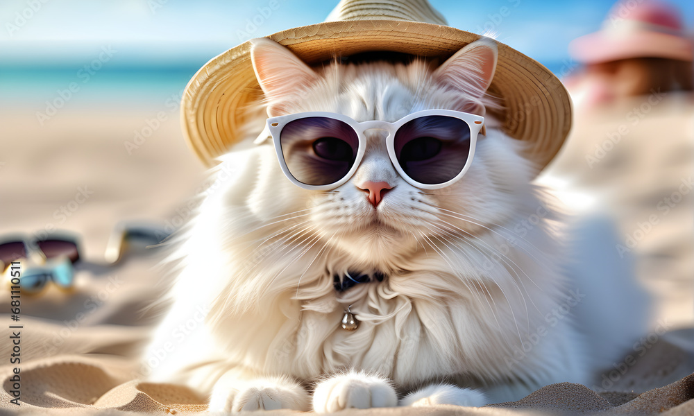 A cute cat sitting on the beach sand wearing sunglasses and a straw hat. Generative AI
