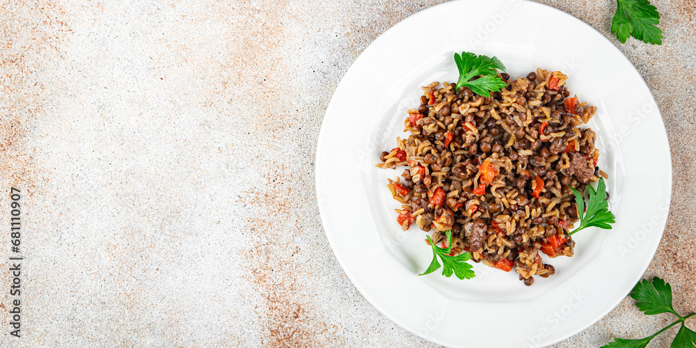 rice, lentils and vegetable fresh eating cooking meal food snack on the table copy space food background rustic top view vegetarian vegan food no meat rice, lentils and vegetable fresh eating cooking meal food snack on the table copy space food background rustic top view vegetarian vegan food no meat