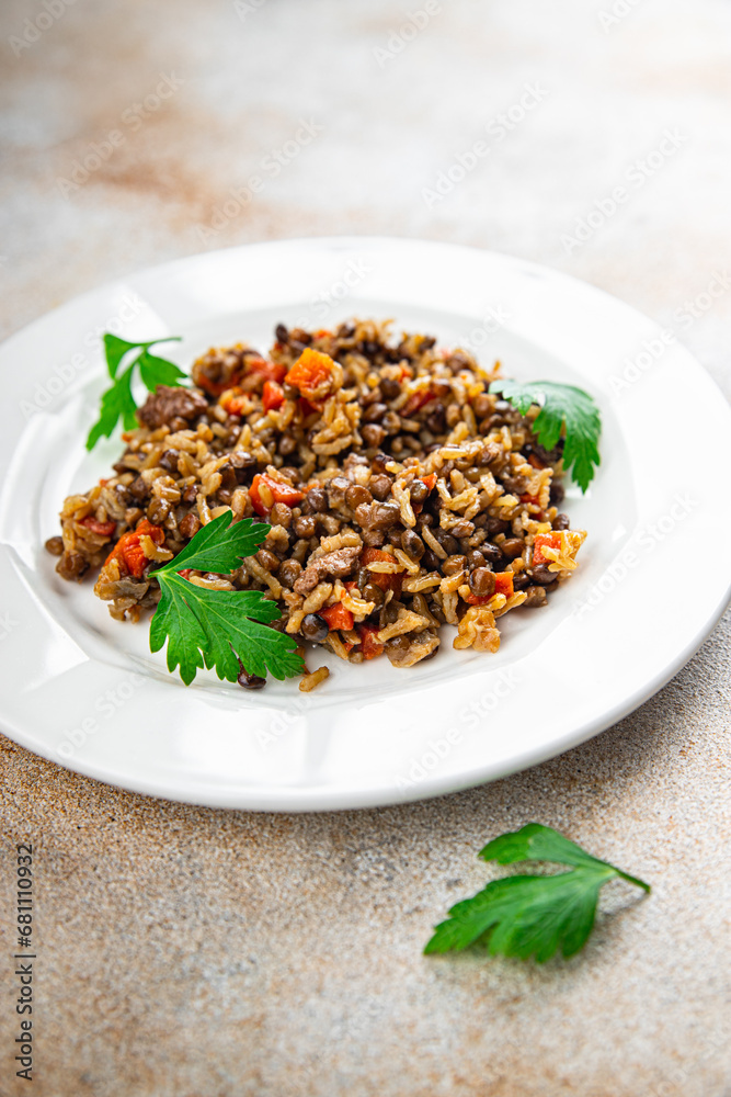 rice, lentils and vegetable fresh eating cooking meal food snack on the table copy space food background rustic top view vegetarian vegan food no meat