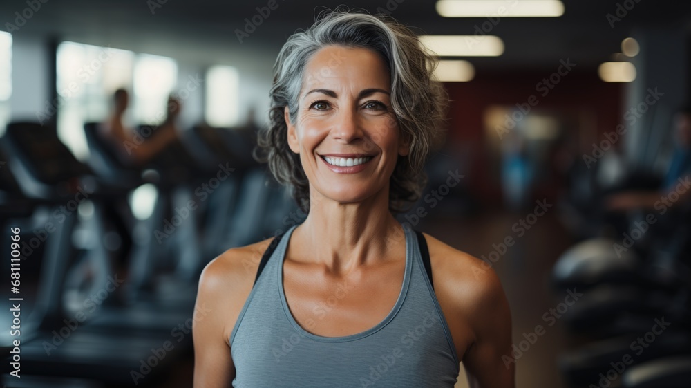 Elderly woman smiling in the gym by Generative AI - obrazy, fototapety, plakaty 