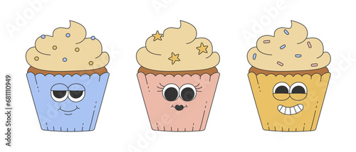 Set of cute groovy cupcakes with whipped cream. Cartoon characters in trendy retro style. 