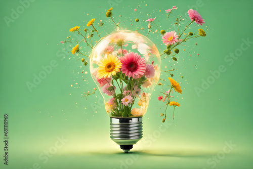Creative light bulb explodes with bright delicate colors and flowers on a green background. New idea, brainstorming concept. photo created using Playground AI platform. photo