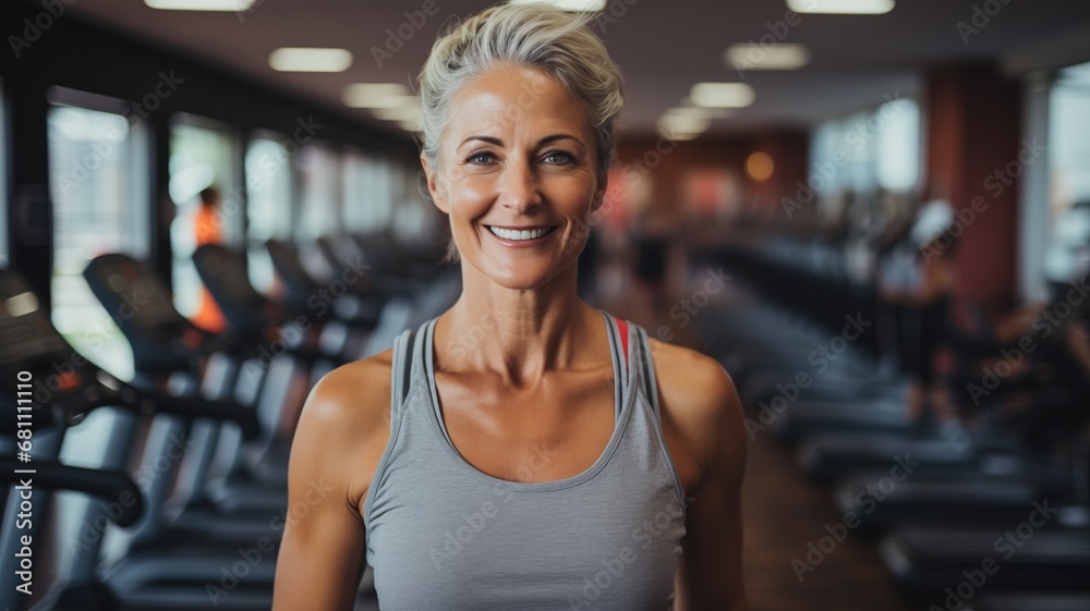 Elderly woman smiling in the gym by Generative AI Elderly woman smiling in the gym by Generative AI