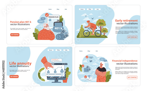 Retirement planning set. Elderly man reviews 401k benefits, enjoys cycling outdoors, monitors life annuity growth, and achieves financial freedom. Smart savings decisions. Flat vector illustration.