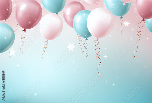 Blue and pink air balloons with stars anc confetti on a blue background photo