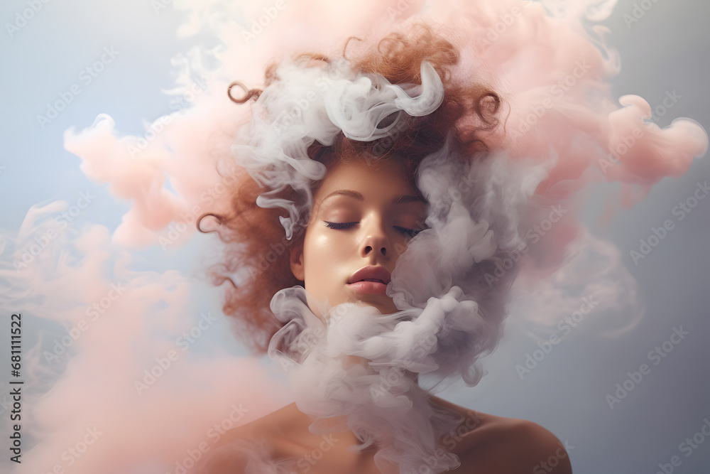 Woman’s head covered with cloud or smoke portrait art photo