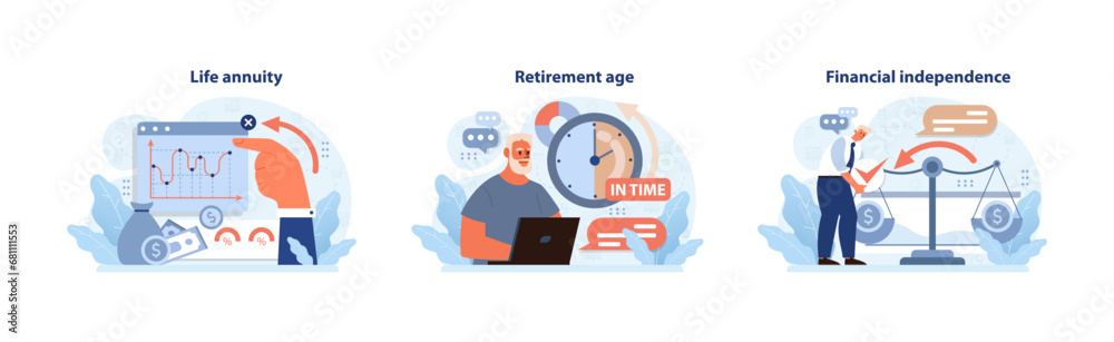 Retirement planning set. Analyzing life annuity graph, marking the precise retirement age, achieving financial balance for freedom. Strategic decisions for future. Flat vector illustration.