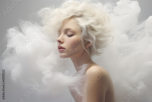 Woman’s head covered with cloud or smoke portrait art photo
