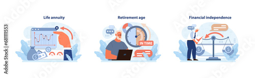 Retirement planning set. Analyzing life annuity graph, marking the precise retirement age, achieving financial balance for freedom. Strategic decisions for future. Flat vector illustration.