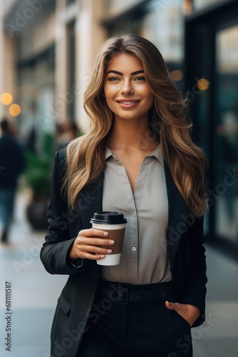 A beautiful and confident business woman walks down the bustling city street, her favorite coffee in hand, ready to conquer the day.