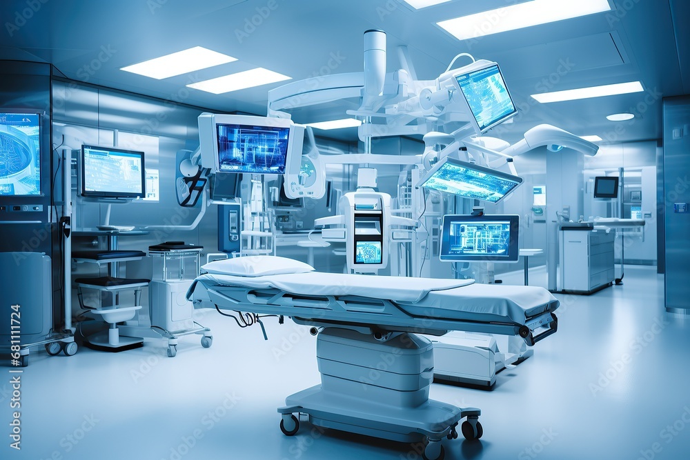 Modern operating room with advanced surgical equipment and monitors