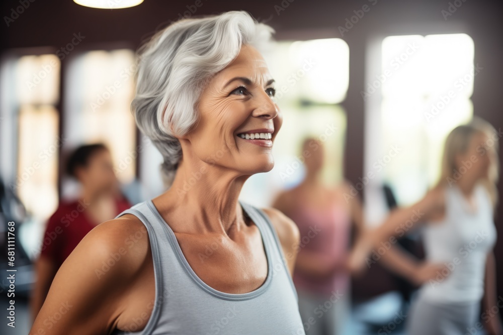 Elderly woman smiling in the gym by Generative AI Elderly woman smiling in the gym by Generative AI