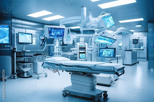 Modern operating room with advanced surgical equipment and monitors photo