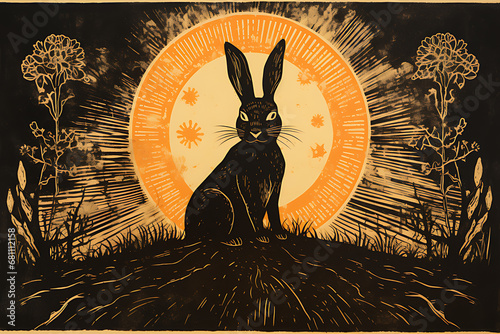 Art life of rabbit in nature, block print style ai generate photo