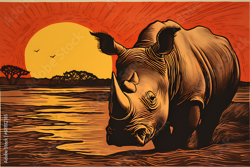 Art life of rhino in nature, block print style ai generate