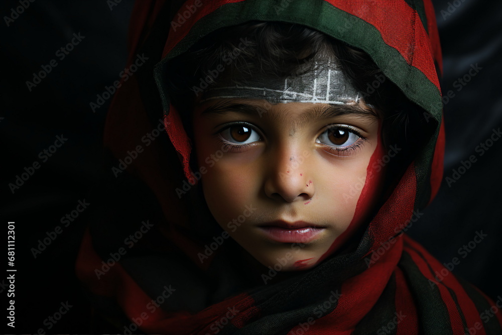 child boy painted face with palestine flag - obrazy, fototapety, plakaty 