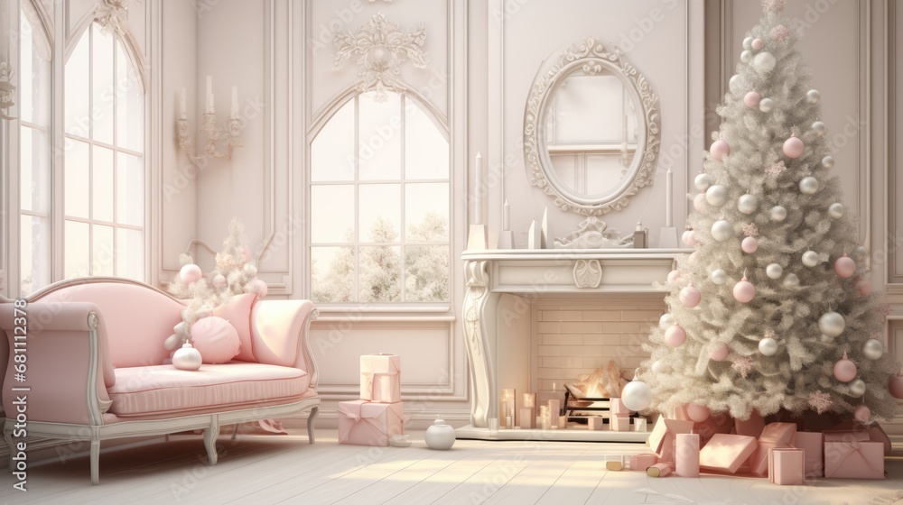 Christmas home cozy interior with a decorated New Year tree. Christmas background Christmas home cozy interior with a decorated New Year tree. Christmas background